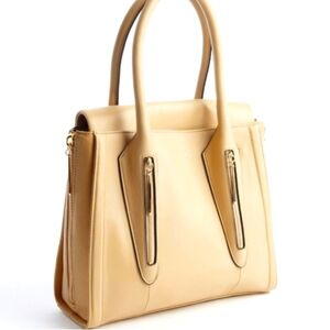 Pour La Victoire $445 Large Leather Satchel Top Handles Beige Navy Interior